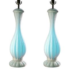 Pair of Barovier & Toso Midcentury Murano Glass Lamps with Infused Gold Bubbles