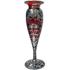 Antique Art Nouveau ruby glass vase with Sterling Silver overlay, American C.1900