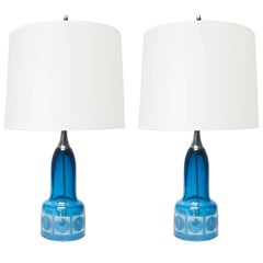 Pair of Scandinavian Modern Blue Etched Glass Lamps by Owe Sandeberg, Kosta