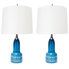 Pair of Scandinavian Modern Blue Etched Glass Lamps by Owe Sandeberg, Kosta 2