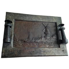 Great Arts and Crafts Bronze Repousee Windmill with Lighthouse Sconces Plaque