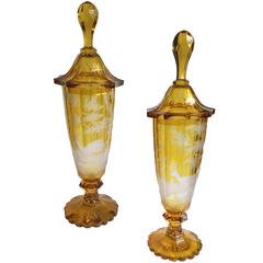 Pair of German Czech Bohemian Amber-Yellow Covered Vases