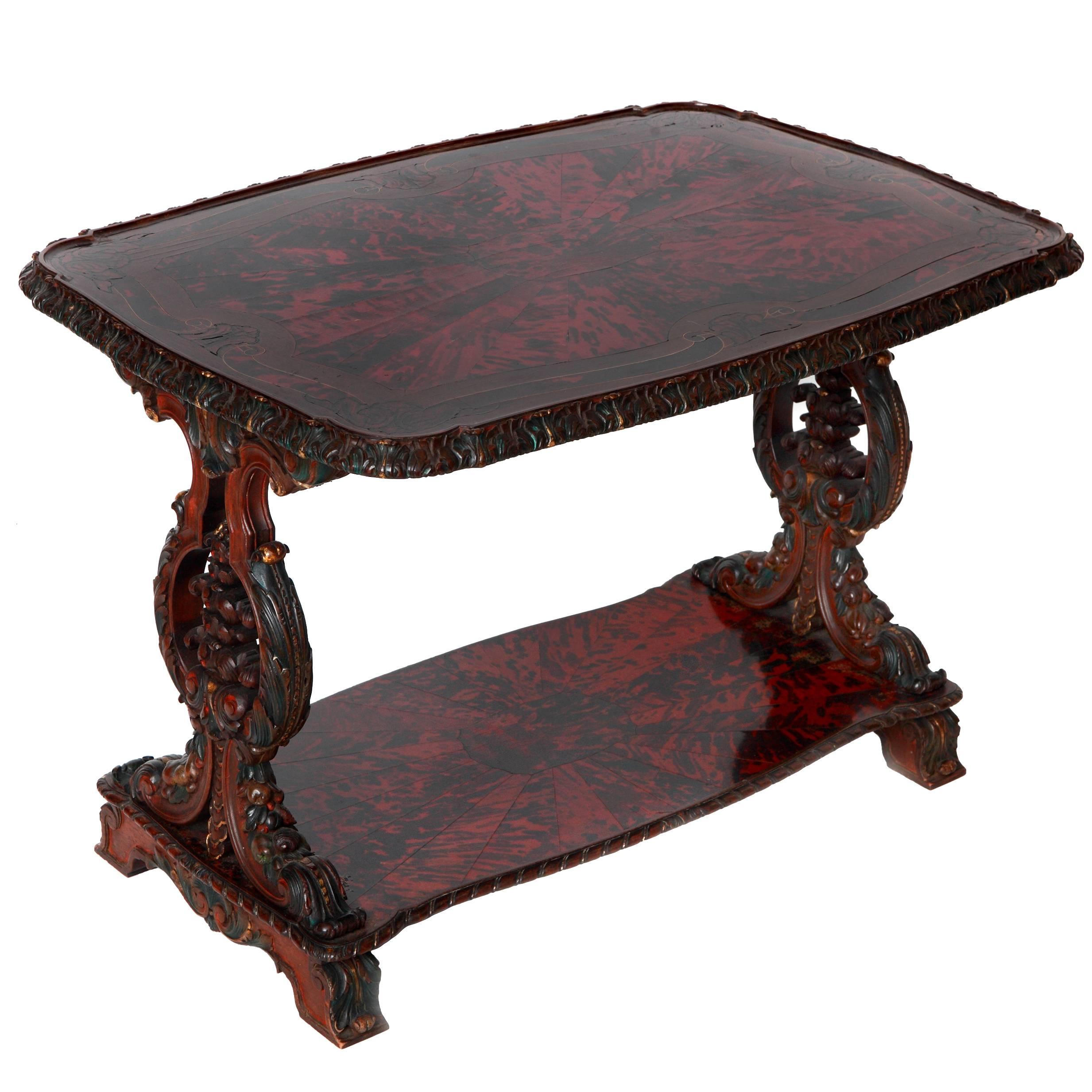 Coffee Table with Veneered Top in Red Tortoiseshell and Various Types of Wood For Sale