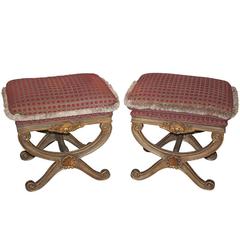 Antique Pair of Carved and Upholstered x Form Curule Benches or Stools, 20th Century