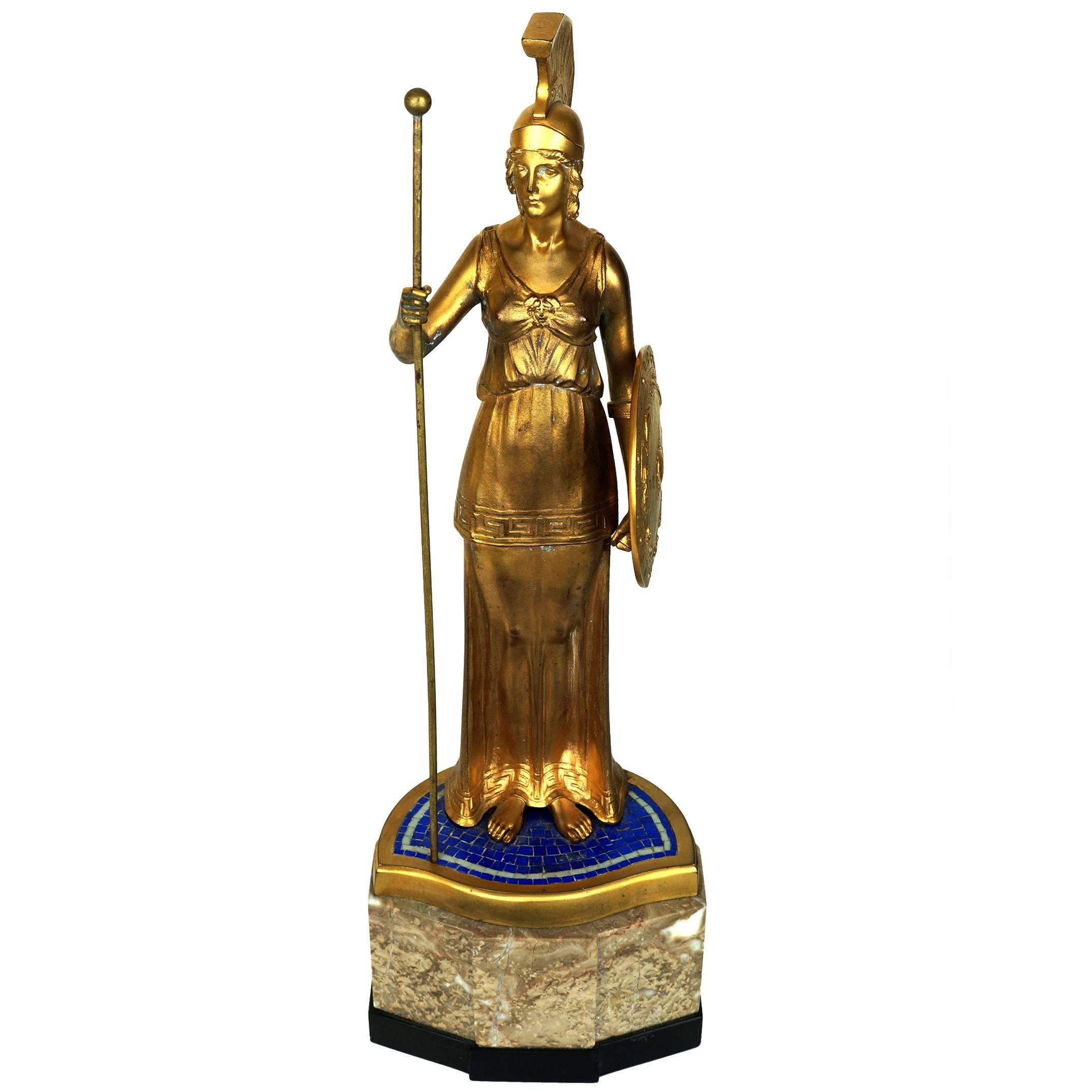Gilt Bronze Standing Figure of a Warrior on Marble and Lapis Mosaic Base