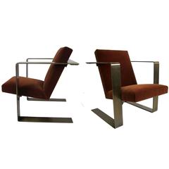 Pair of Bronze Frame Cantilevered Lounge Chairs