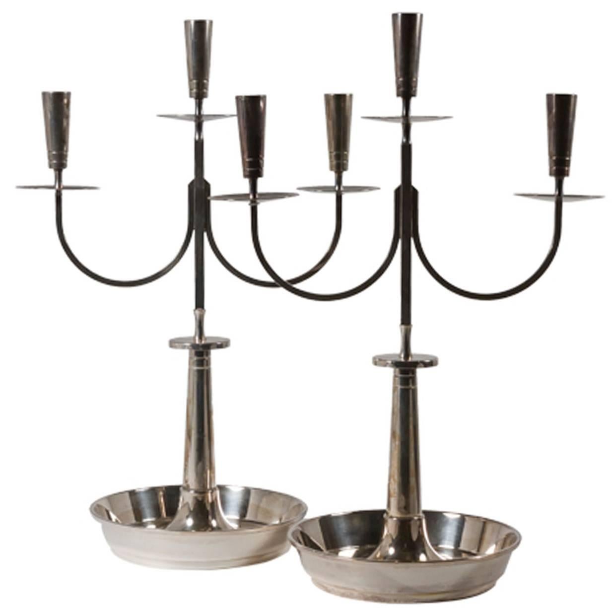 Pair of Large Silver Plated Tommi Parzinger Candelabras For Sale