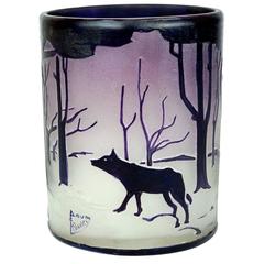 Antique French Daum Nancy Purple Glass Vase with Forest and Animal Design