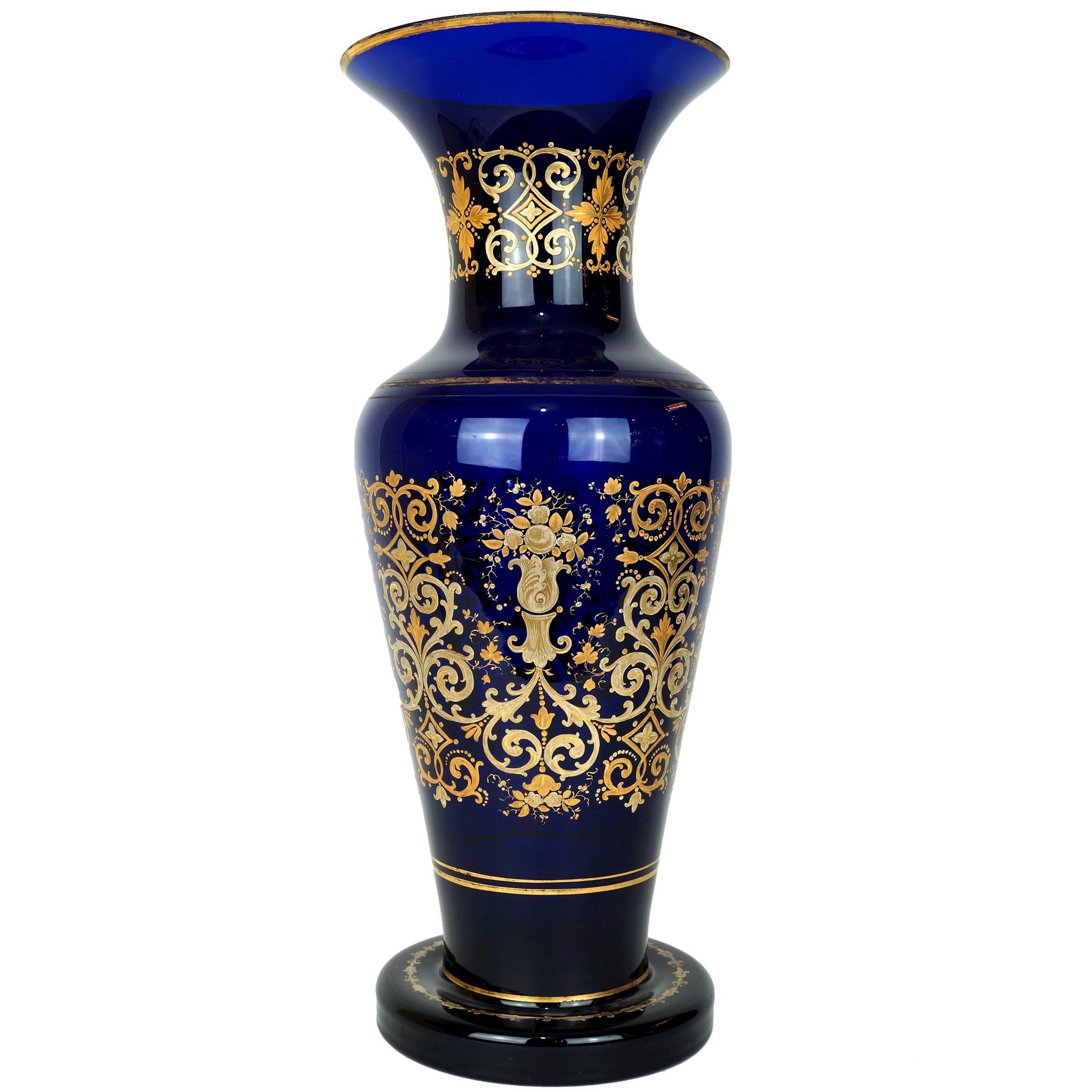 Large Antique Blue Bohemian Glass Vase with Gilt Floral Decorations at