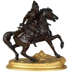 Antique Patinated and Gilt Bronze Figure of Warrior on Horse