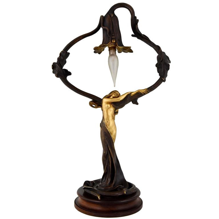 French Art Nouveau Bronze Table Lamp By Jonchery With 1900