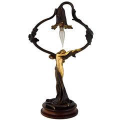 French Art Nouveau Bronze Table Lamp by Jonchery with Nude, 1900