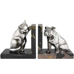French Art Deco Cat and Bulldog Bookends by Irénée Rochard, 1930