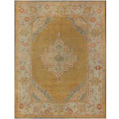 Outstanding Antique Turkish Oushak in Gold, Light Blue, Teal, Green and Salmon