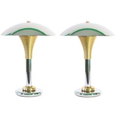 Pair of Midcentury Art Deco Chrome Table Lamps with Brass Accents