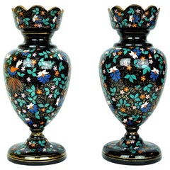 Pair of Moser Enameled Glass Vases with Bird and Flower Decorations