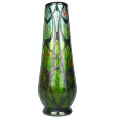 Art Nouveau Tiffany Style Silver Overlay Vase 