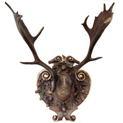19th Century Habsburg Fallow Deer Trophy on Hand-Carved Plaque with Wappen