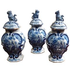 Set of Three Delft Vases with Lids