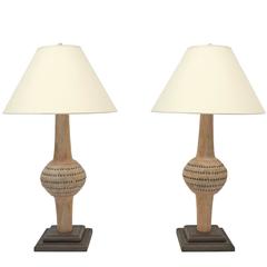 Pair of Bleached Wood Table Lamps with Nail Head Design, Belgium, circa 1900