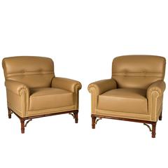Pair of Leather Club Chairs on Faux Bamboo Bases