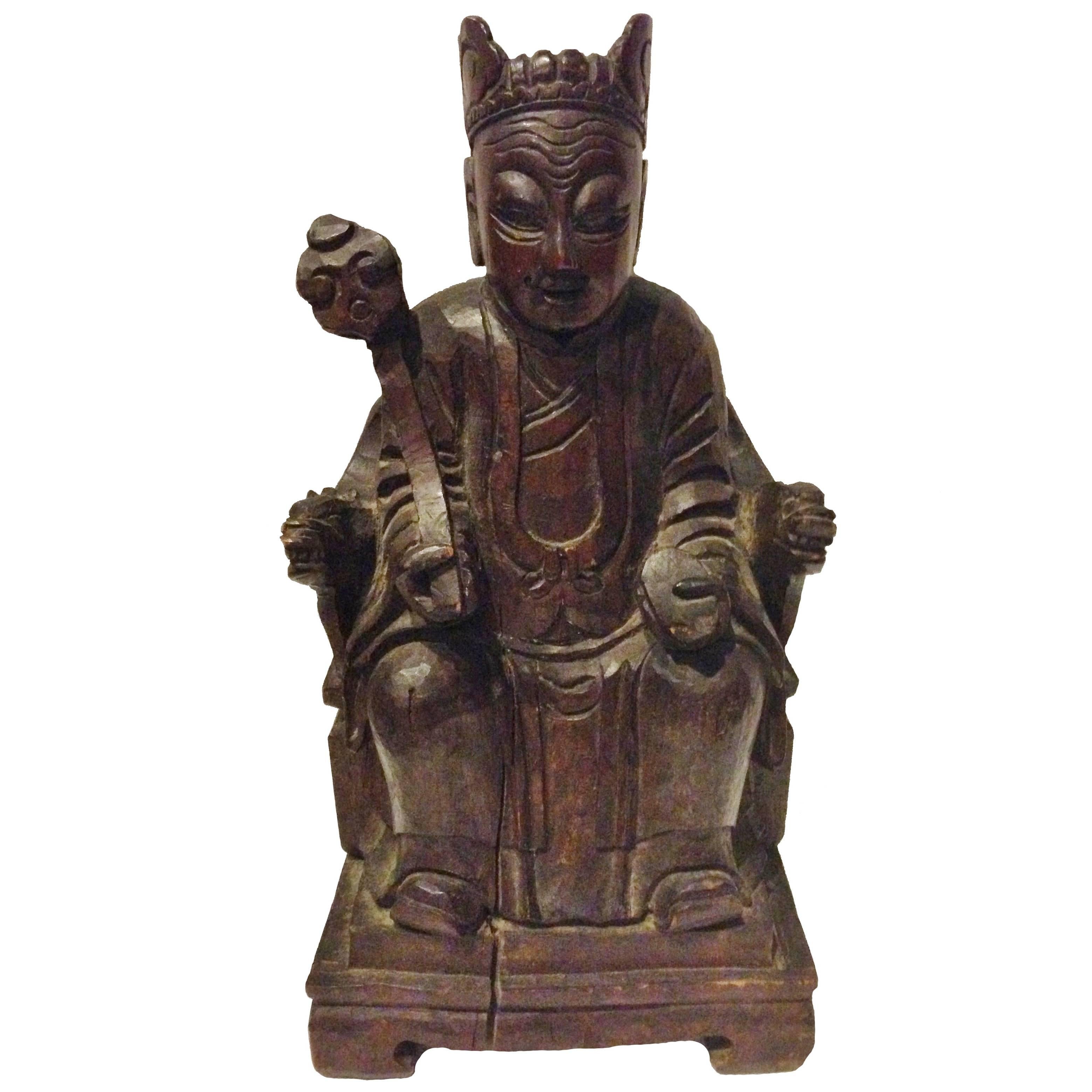 Antique Chinese Wooden Statue of God of Good Fortune For Sale