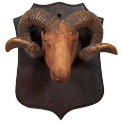 American Carved Wood Long Horn Sheep Trophy Mount