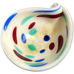 Murano Color Spots and Gold Flecks Italian Art Glass Scroll Shell Bowl