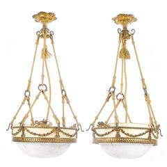 Pair of French Alabaster and Gilded Bronze Pendant Lamps, 19th Century