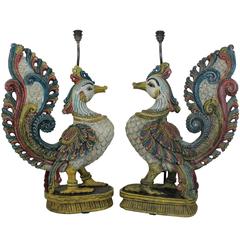 Pair of Large Persian Carved and Painted Peacock Lamps