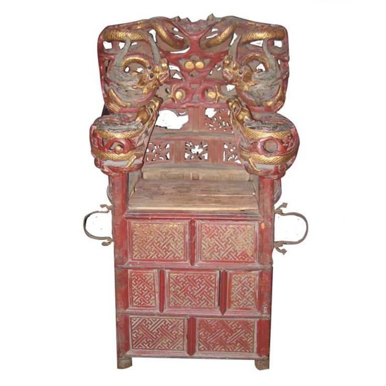Intricately Carved Chinese Sedan Chair with Intertwined Dragons