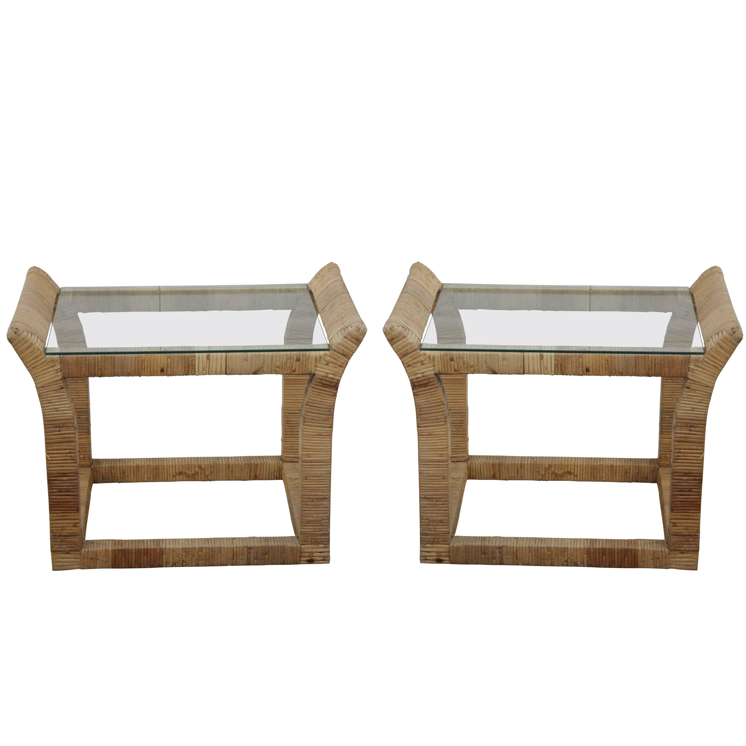 Pair of Rattan Wrapped Glass Top Side Tables, Bahama Style For Sale