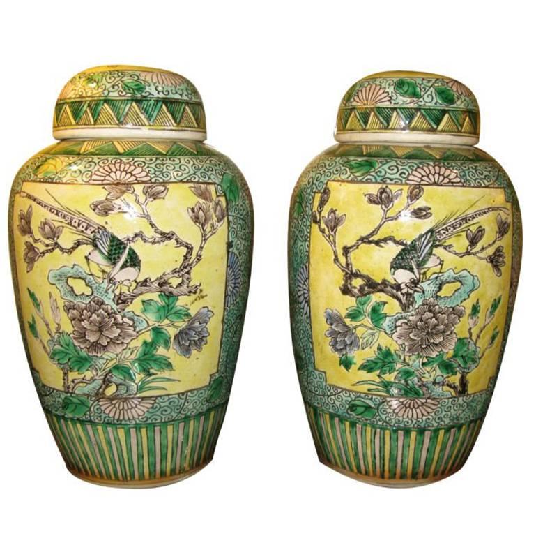 Pair of Chinese Bisque Jars with Lids For Sale
