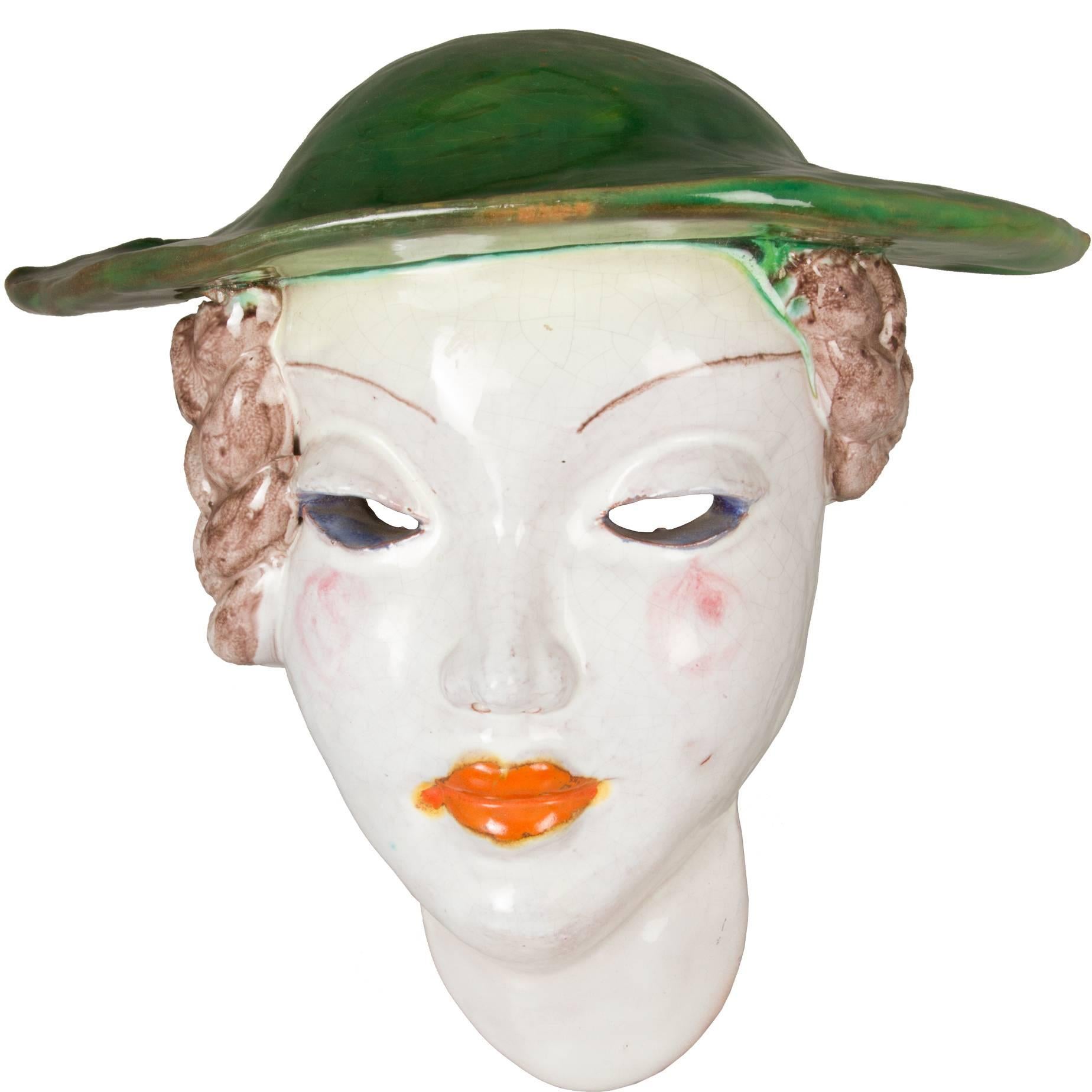 Austrian Art Deco Ceramic Women with Green Hat