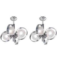 Pair of Sculptural Chandeliers in Chrome with Crackled Glass Globes
