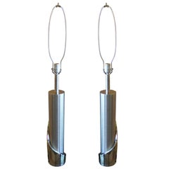 Pair of Modern Cylindrical Chrome Laurel Lamps
