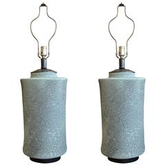 Stunning Pair of Blue Green Large Brutalist Ceramic Lamps