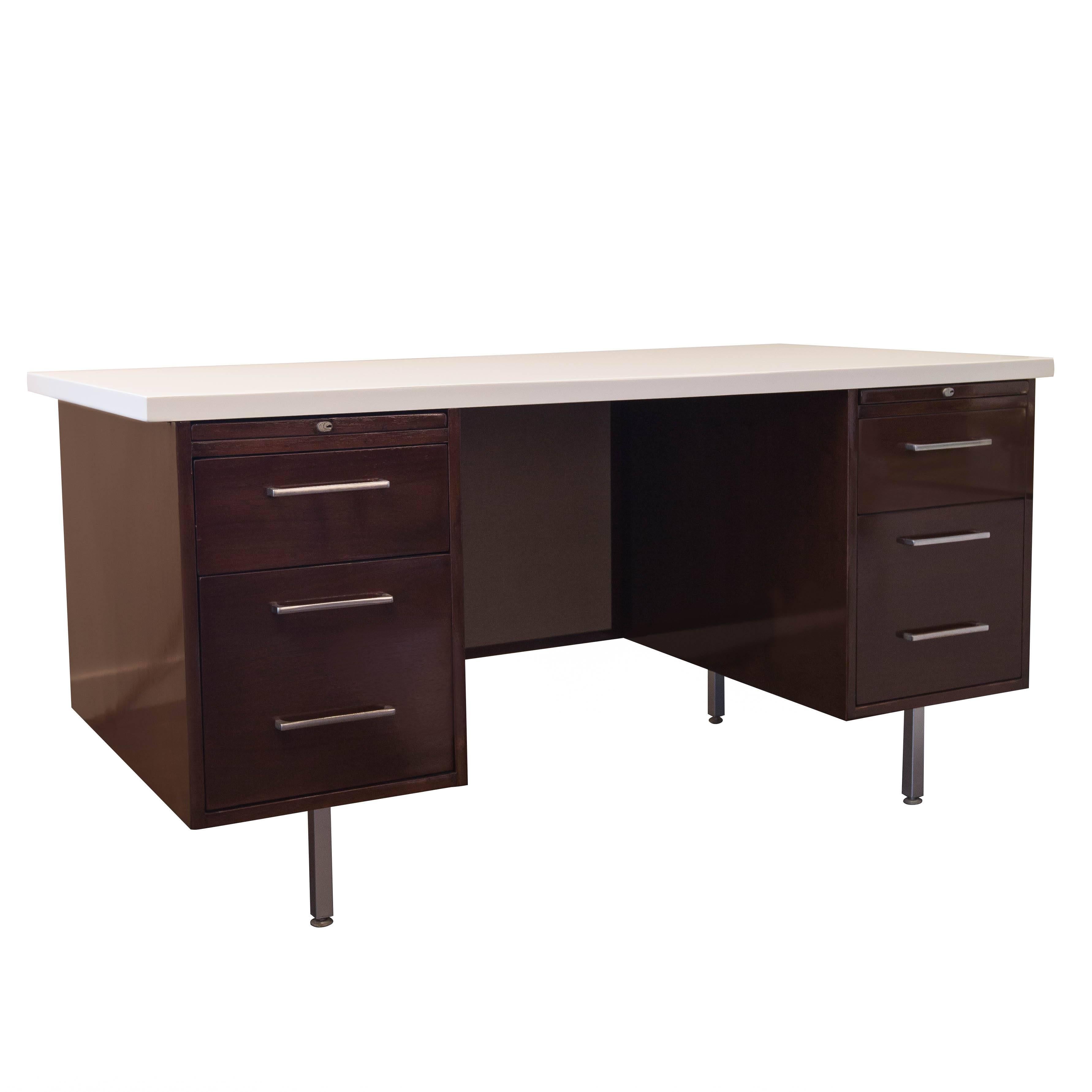 Vintage Lacquered Top Double Pedestal Desk in Dark Mahagony