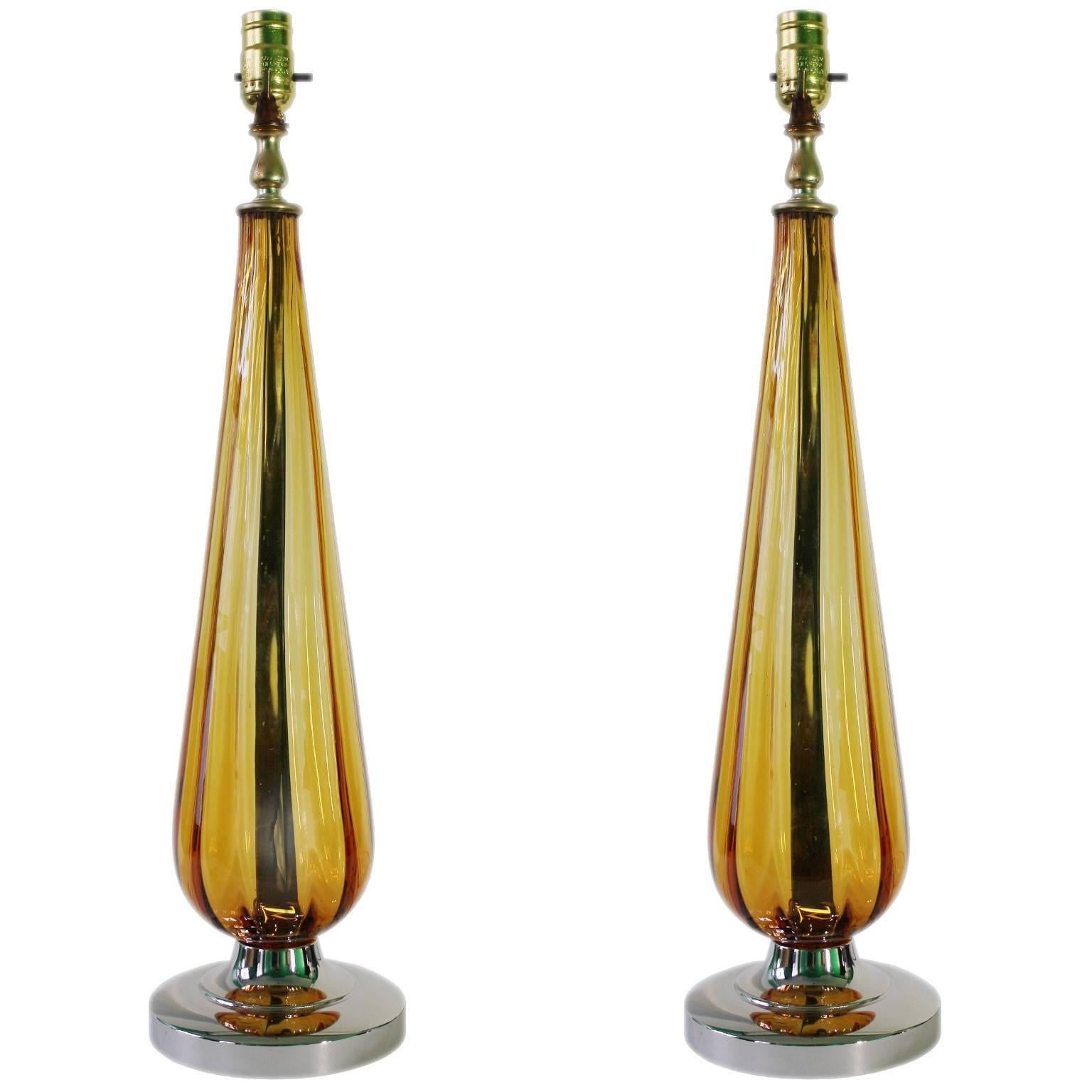 Mid-Century Pair of Italian Amber Murano Glass Table Lamps
