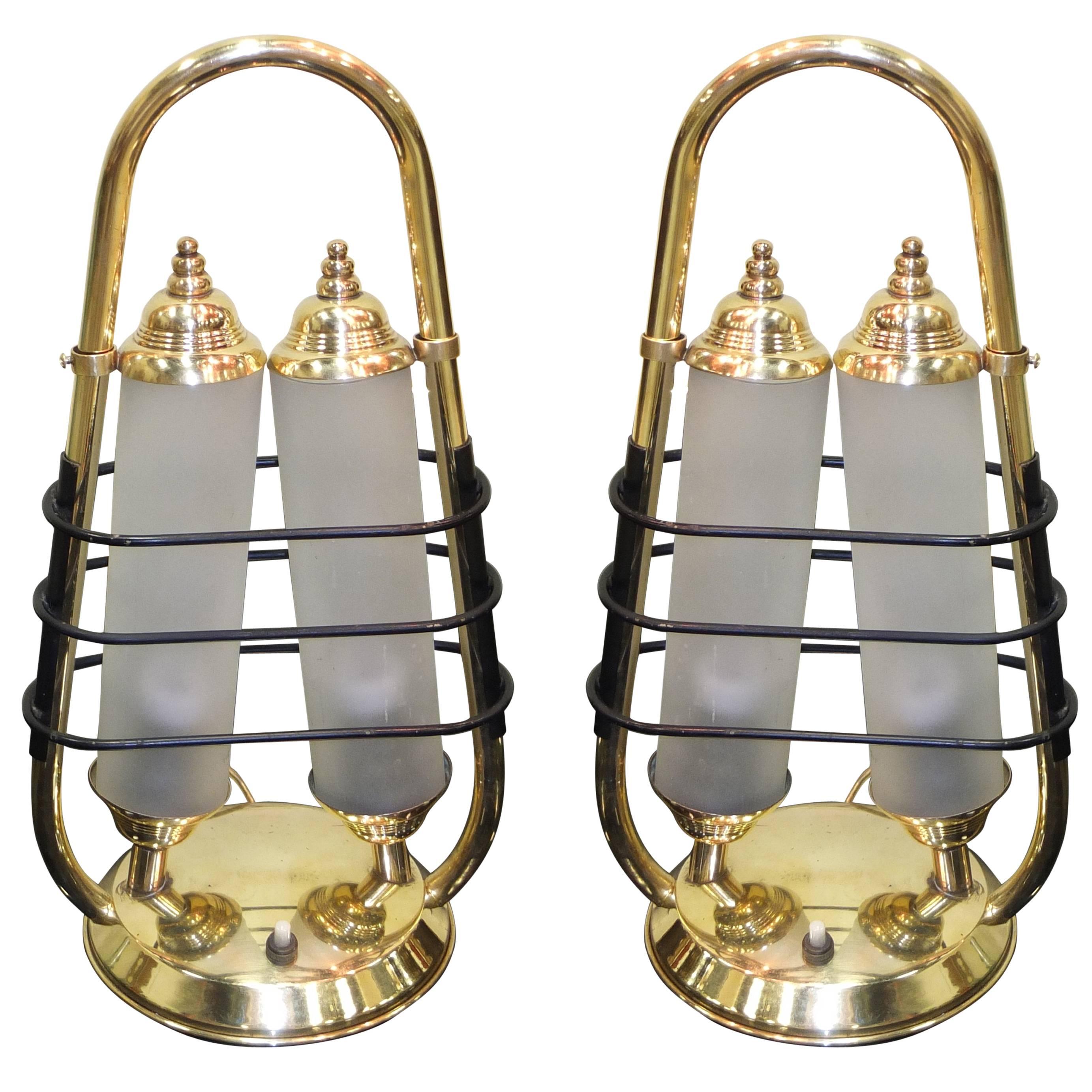 Pair of 1950s Italian Brass Table Lanterns For Sale