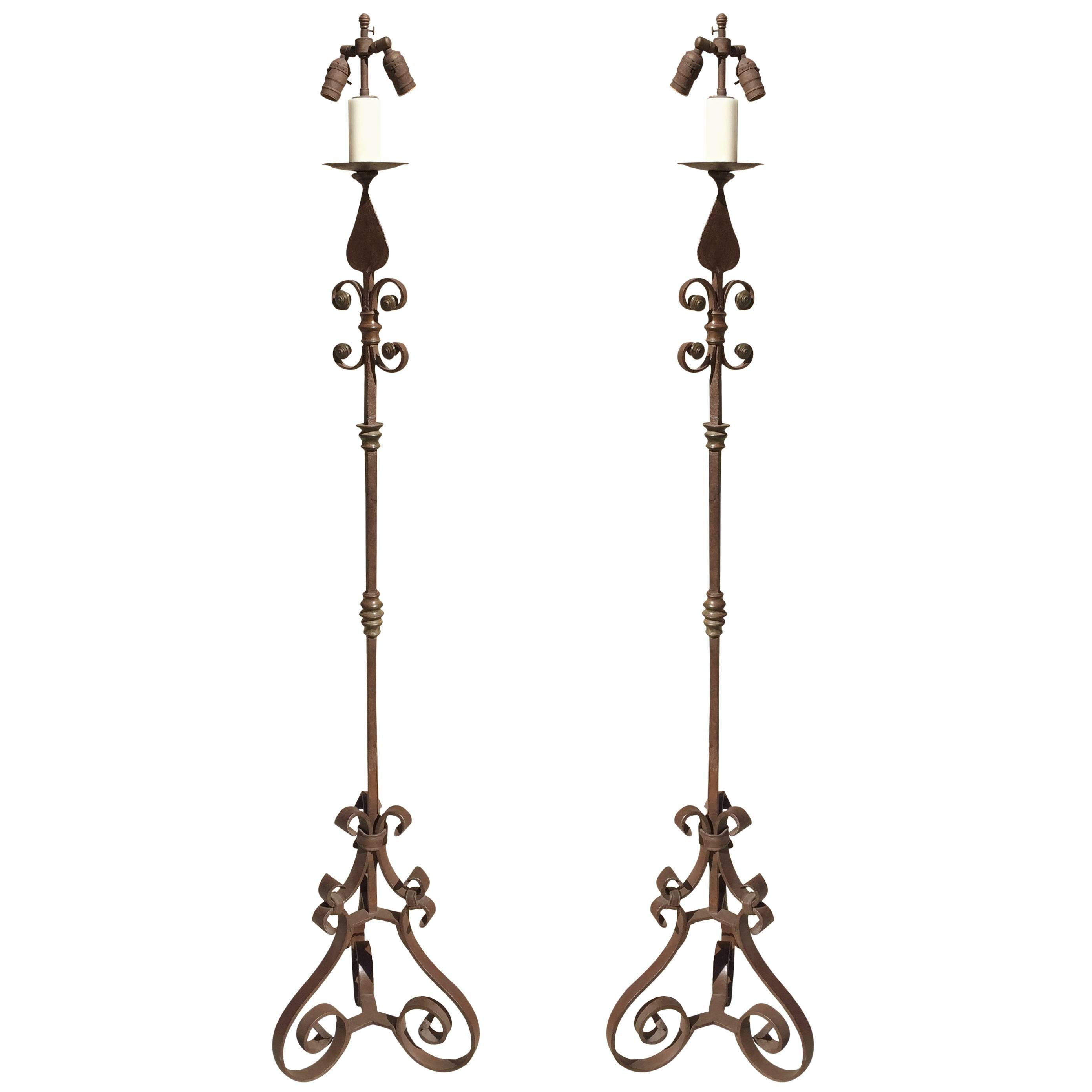 Pair of American Arts and Crafts Wrought Iron Floor Lamps For Sale