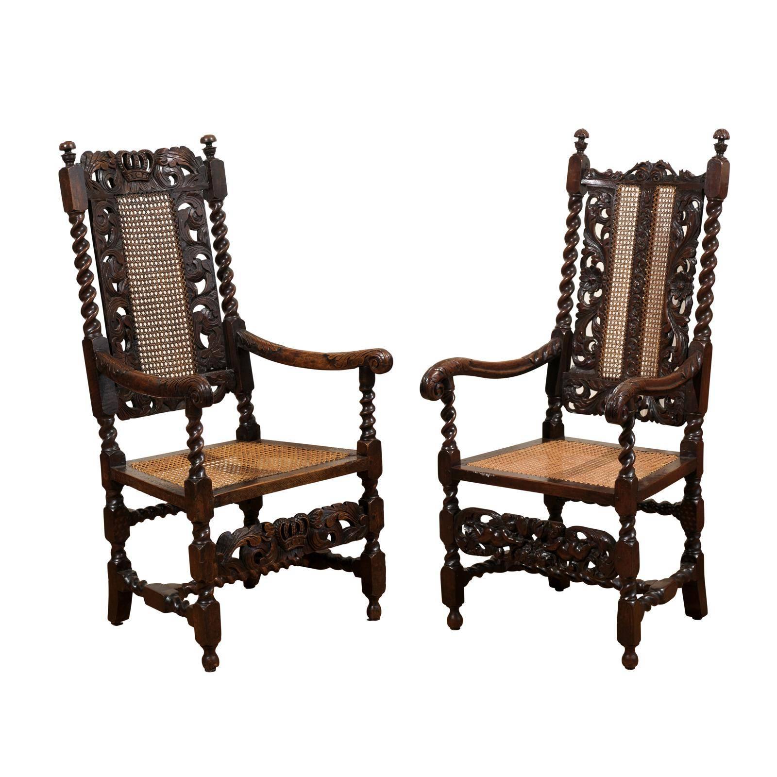 Pair of English 17th Century Barley Twist  Arm Chairs For Sale