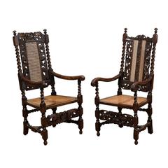 Antique Pair of English 17th Century Barley Twist  Arm Chairs