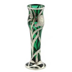 Art Nouveau Green Glass Vase with Sterling Silver Overlay by Alvin
