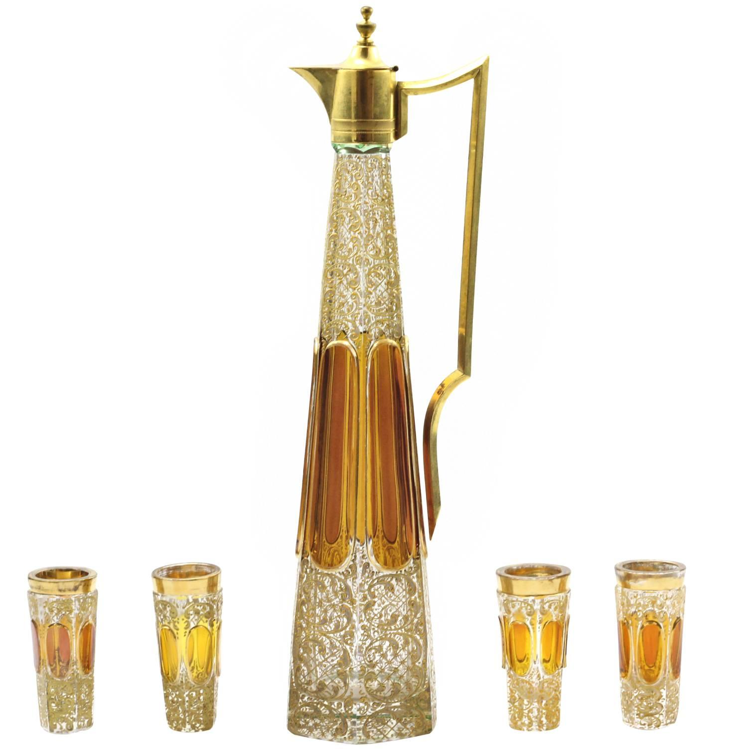 Five-Piece Enamel Glass Liquor Decanter Set by Moser