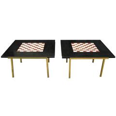 Pair of Excellent Marble Chess Top Brass Sidetables