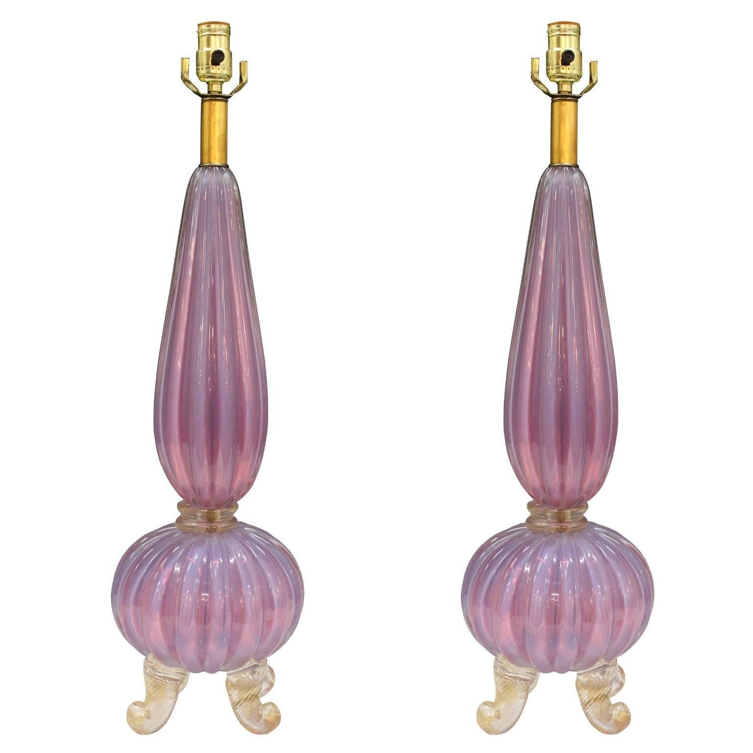 Pair of Archimede Seguso Lilac Opaline Murano Glass Lamps on Scroll Feet