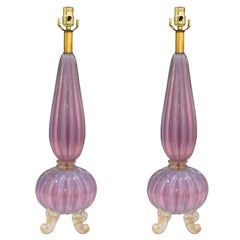 Pair of Archimede Seguso Lilac Opaline Murano Glass Lamps on Scroll Feet