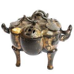 17th Century Japanese Gilt Bronze Tripod Incense Burner with Lotus 