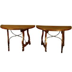 Antique Pair of Early 19th Century Italian Demi Lune Console Tables in Walnut